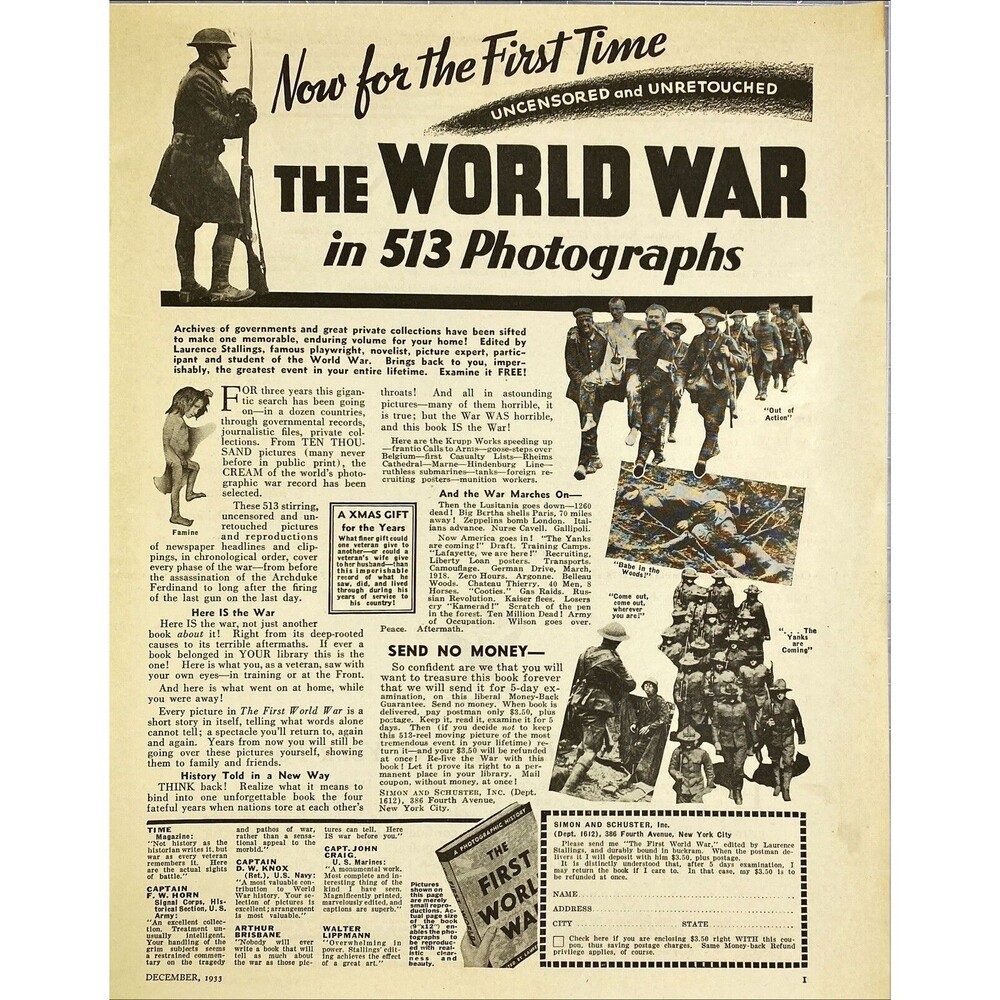 Simon and Schuster "Now: The World War in 513 Photographs" Vintage Print Ad 1933